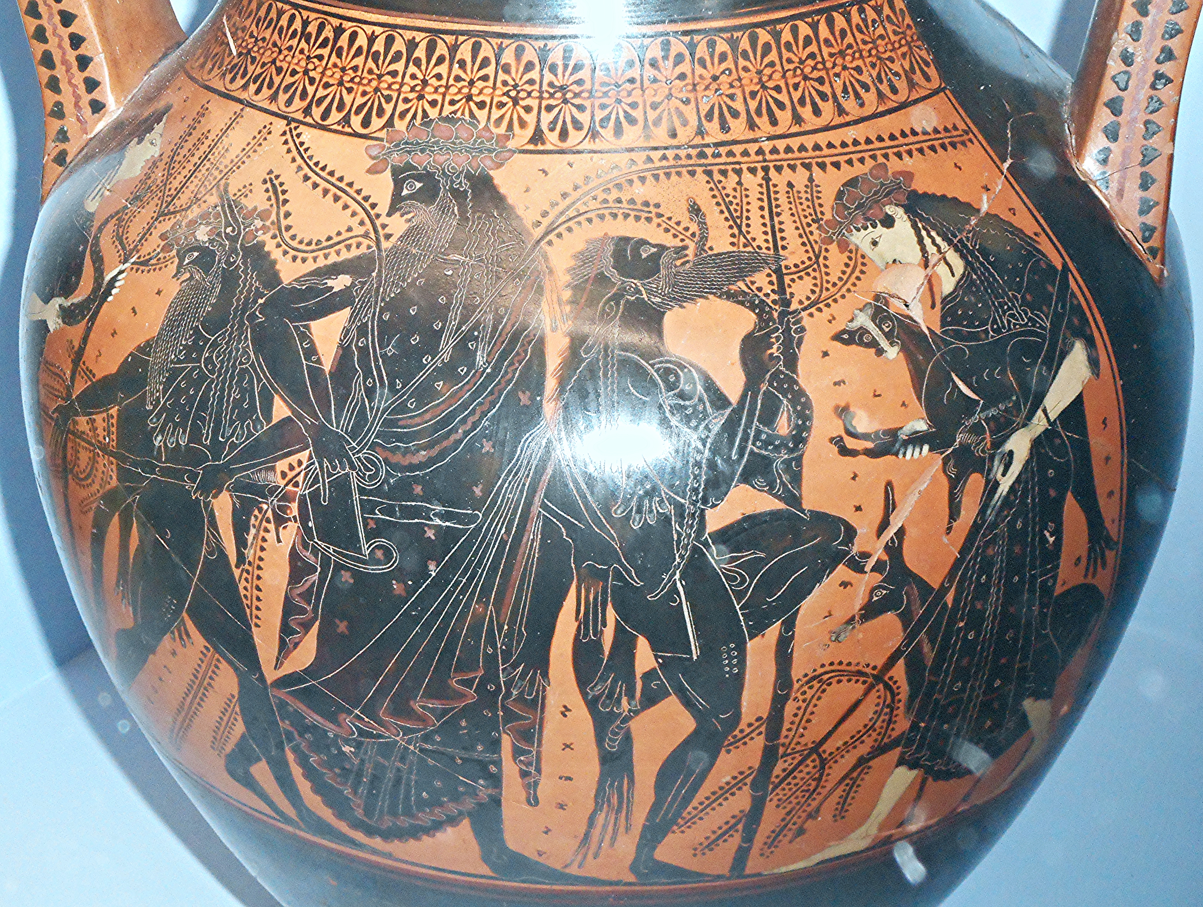 'Dionysos with a wine cup advances with Satyrs and Maenads between ivy branches' (Antiope painter, 510 BC) - amphora made in Athens, from Cuma - Exhibition 'Myth and Nature' at Archaeological Museum of Naples, until September 30, 2016